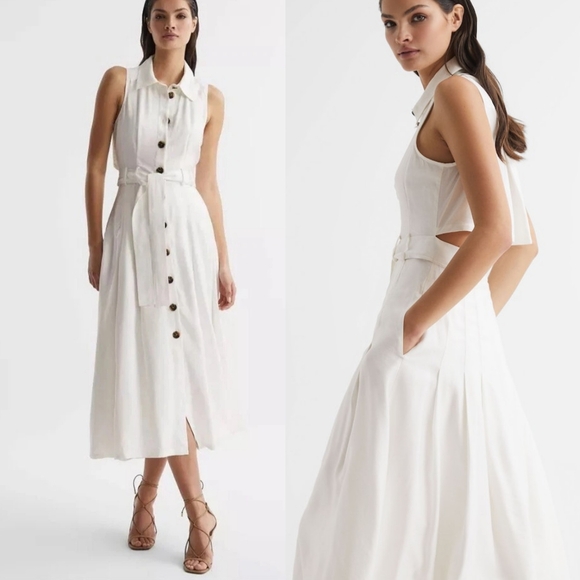 New REISS Classic‎ Milena Button Front Midi Dress Pleated Back Cut-out A-line 4